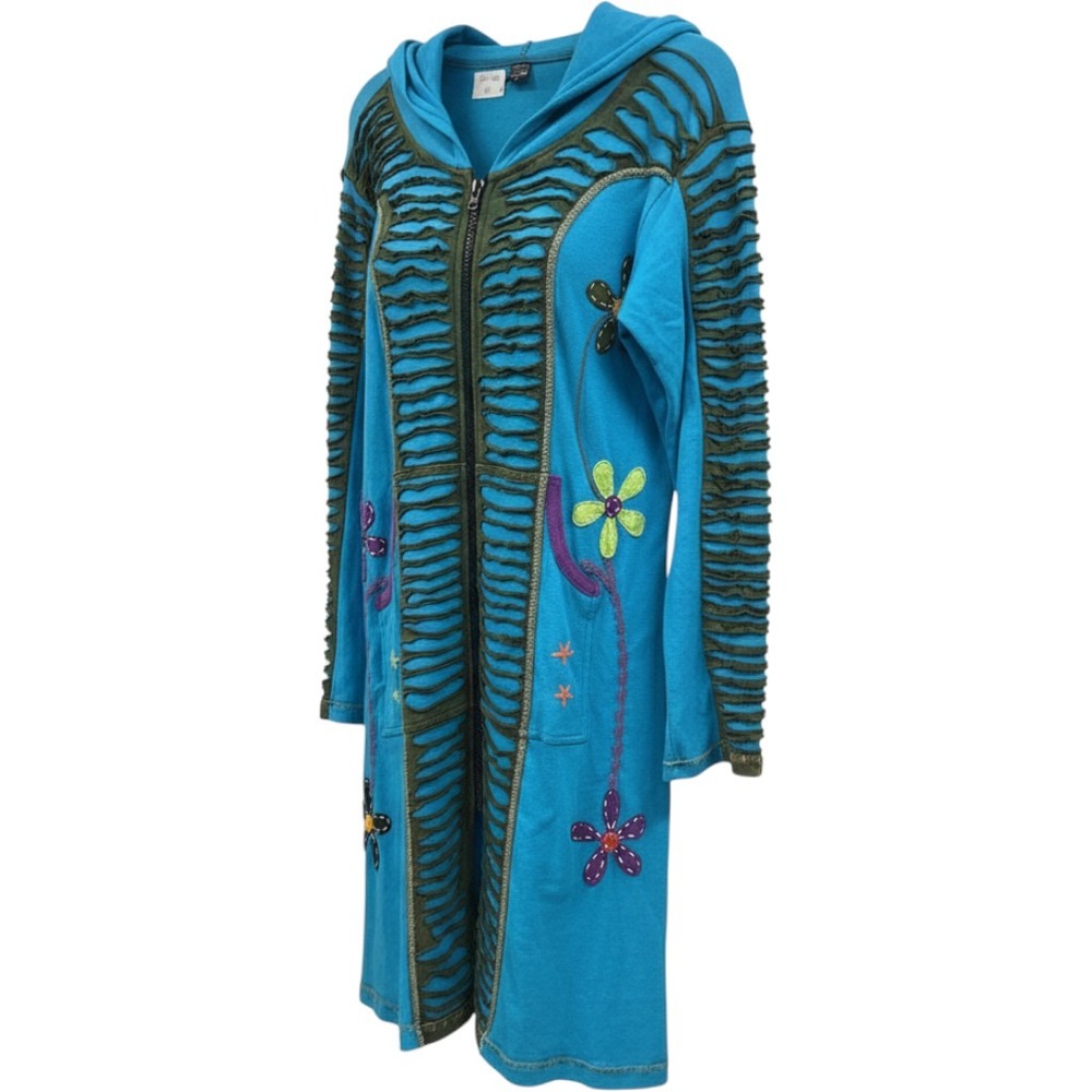 Boho Artisan Floral Razor Cut Zip Up Long Hoodie Jacket Turquoise Blue 1X